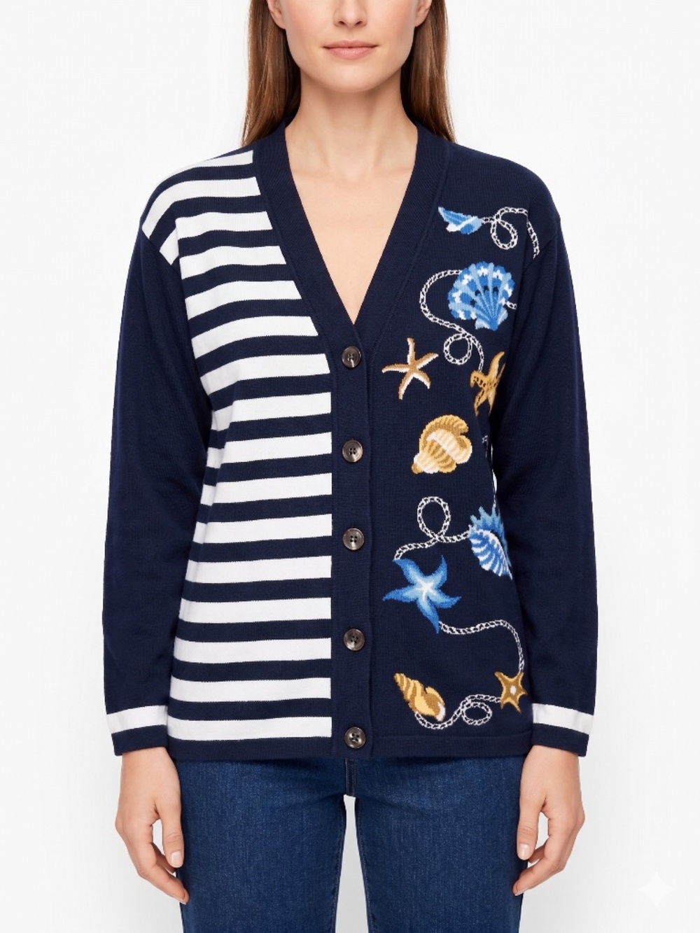 Talbots Navy Blue White Striped Coastal Beach Shells Cardigan Sweater Size M